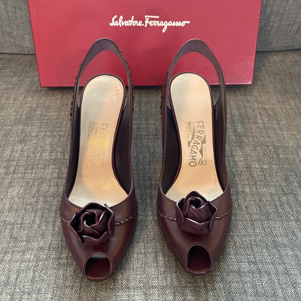 Salvatore Ferragamo Sling Burgundy Leather Open Toe Shoes.